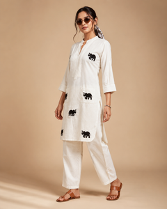 White Khadi Cotton Co-ord Set with Embroidered Kurti