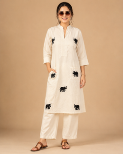 White Khadi Cotton Co-ord Set with Embroidered Kurti