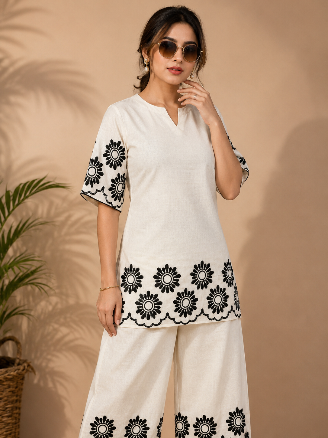 White Khadi Cotton Co-ord Set with Embroidered Kurti