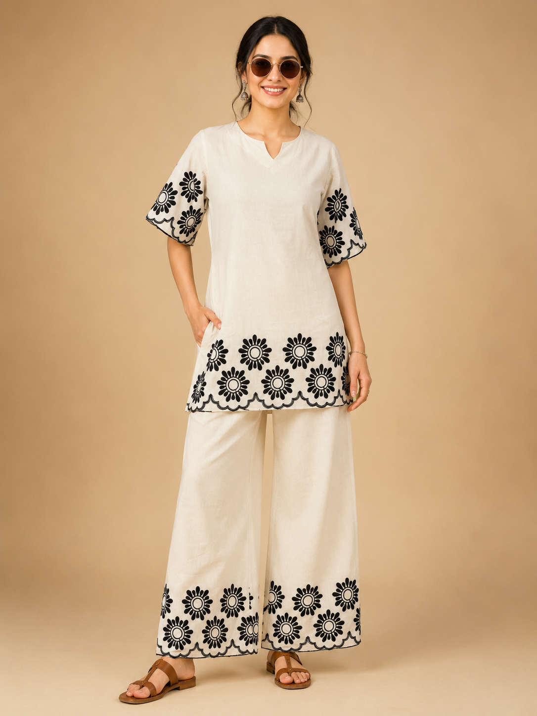 White Khadi Cotton Co-ord Set with Embroidered Kurti