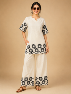 White Khadi Cotton Co-ord Set with Embroidered Kurti