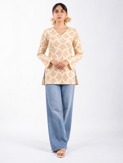 Cream Cotton Short Straight Kurti