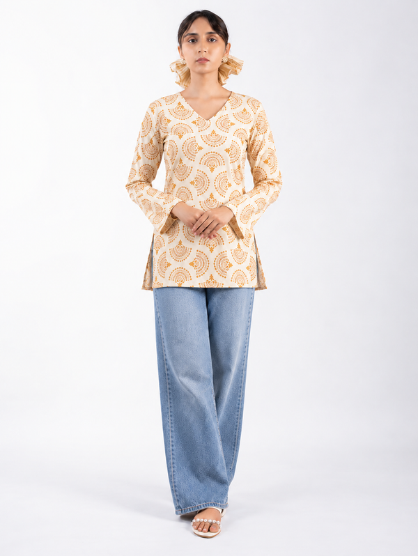 Cream Cotton Short Straight Kurti