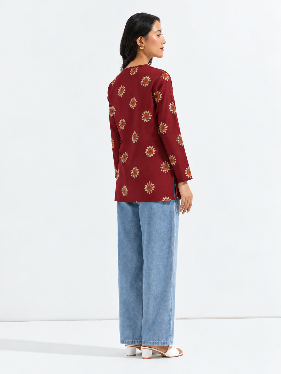Red Floral Pure Cotton Short Straight Kurti
