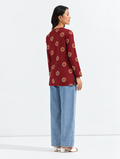 Red Floral Pure Cotton Short Straight Kurti
